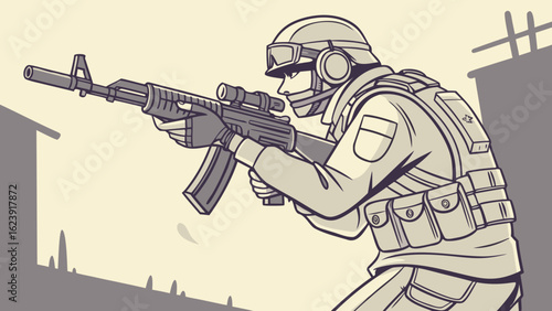 Soldier aiming with a rifle scope