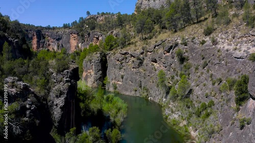 Aerial view of the Hoces del Cabriel Natural Reserve. The waters of Cabriel river, main affluent of the bigger Júcar river, meander serving as natural border between Cuenca, Valencia and Albacete.