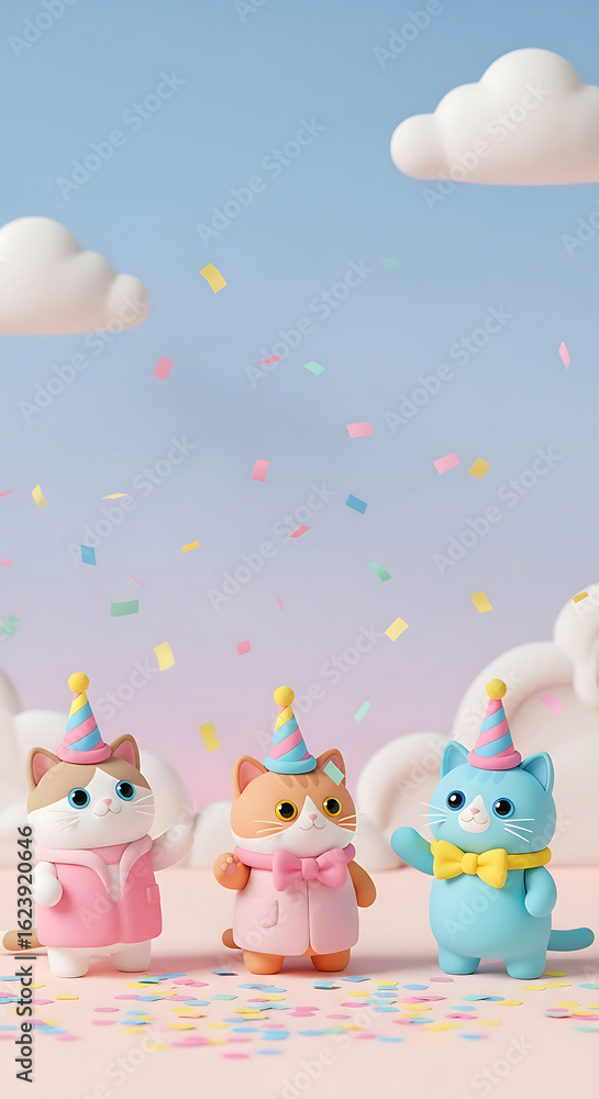Obraz premium Three Cute Cartoon Cats in Party Hats Posing Playfully.