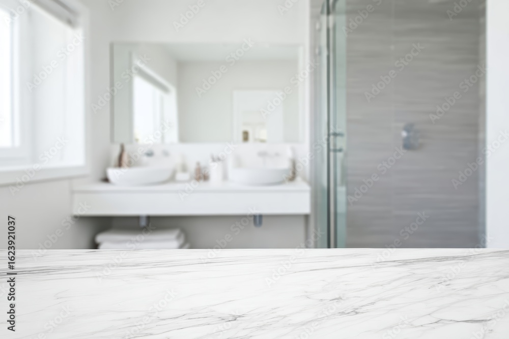 Fototapeta premium A clean luxury bathroom scene with a sharp-focus white marble surface in the foreground featuring gray veining