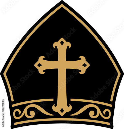 Minimalist Gold and Black Bishop Mitre Vector with Ornate Cross – Catholic Religious Headwear Icon