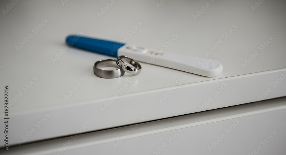 A pregnancy test lies next to wedding rings, suggesting anticipation and commitment. A pregnancy test lies next to wedding rings, suggesting anticipation and commitment.