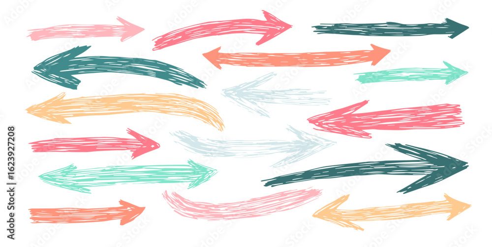 Fototapeta premium Colorful Arrows sketches set, hand drawn doodle pointers, lines arrow. Design elements collection. Brush strokes.