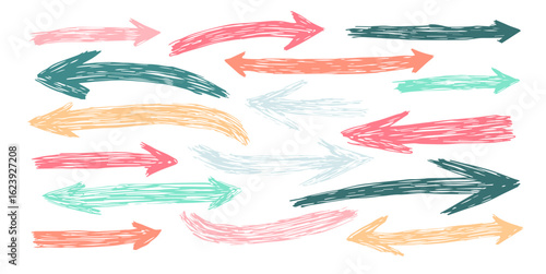 Colorful Arrows sketches set, hand drawn doodle pointers, lines arrow. Design elements collection. Brush strokes.