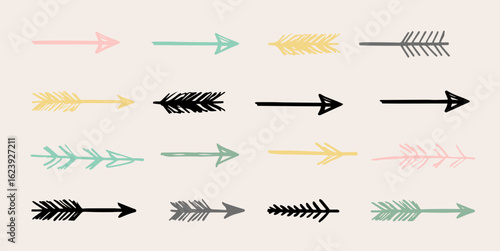 Arrows sketches set, hand drawn doodle pointers, lines arrow. Design elements collection. Brush strokes. Pastel colors