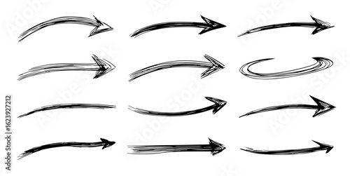 Black Arrows sketches set, hand drawn doodle pointers, lines arrow. Design elements collection. Brush strokes.