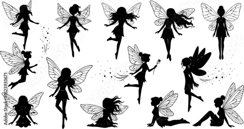 set of Cute Fairy art. Beautiful Fairies silhouette collection, Little fairies set. Hand drawn vector illustration. on white background