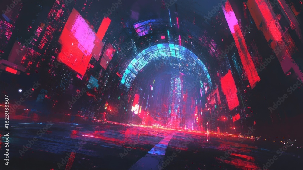 Naklejka premium Neon-lit futuristic city street, vibrant colors, glowing archway