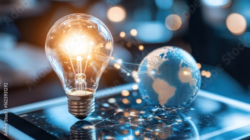 Illuminated lightbulb & globe on tablet, suggesting global innovation