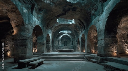 Majestic cavern interior: Ancient architecture with arched structure lighting