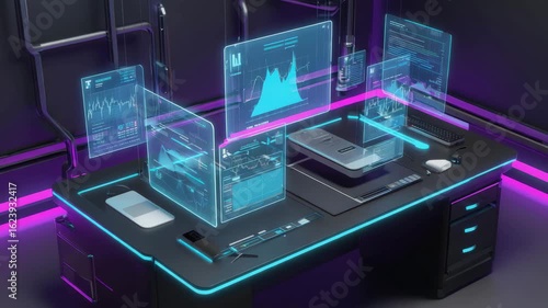 Wallpaper Mural Futuristic workspace with holographic displays and neon lighting, a cutting-edge technology setup Torontodigital.ca