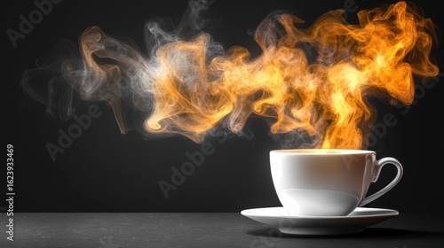 A white teacup filled with hot drink, steaming with orange-yellow vapor on dark background