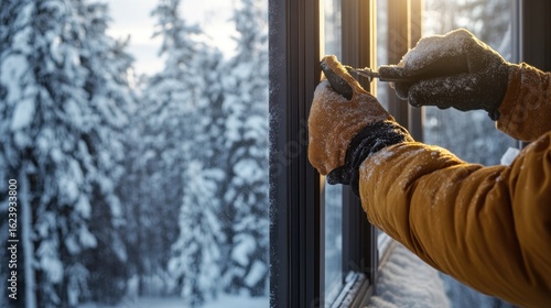 Close-up of hands in winter gear adjusting a window, snowy forest backdrop