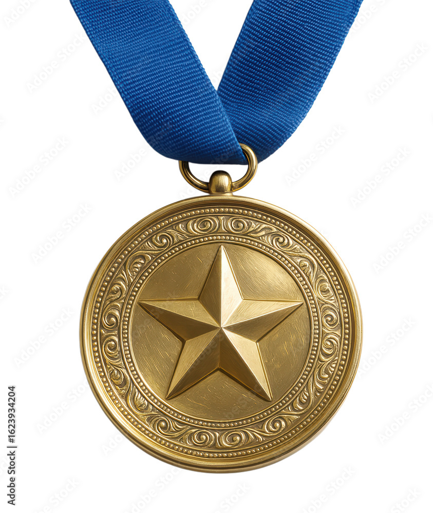 Fototapeta premium Realistic gold medal of honor with a star, decorative filigree, and blue ribbon for achievement, Isolated on Transparent and White Background