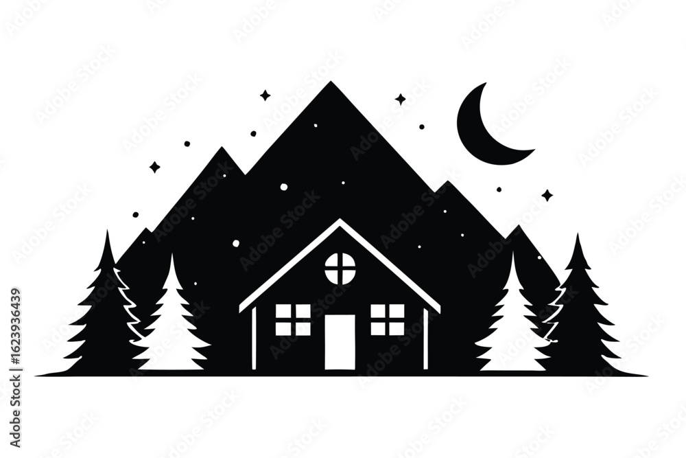 Fototapeta premium mountain-cabin-in-a-forest-with-moonlight-and-shad.eps