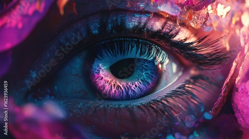 A macro shot of an eye surrounded by colorful makeup, showcasing artistic details during festive season