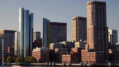 Boston – Financial District Skyline and Harborfront with Reflections in Late Afternoon Light