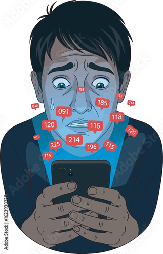 A man looks anxiously at his phone, surrounded by notification icons, illustrating digital overload and anxiety.