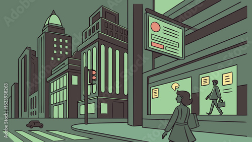 Illustration of a city street with buildings traffic light pedestrians and advertisements on display boards