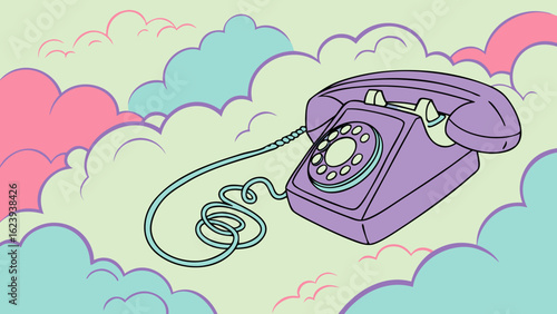 A purple rotary phone with a coiled cord floating in a pastel colored cloudy sky background scene design