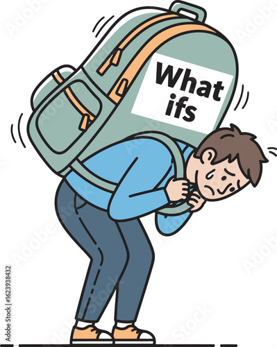 A person struggles under the weight of a large backpack labeled "What ifs," showing stress.
