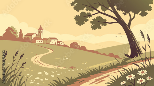 Scenic landscape featuring a winding path leading to a village with a prominent church and a large tree shading the path