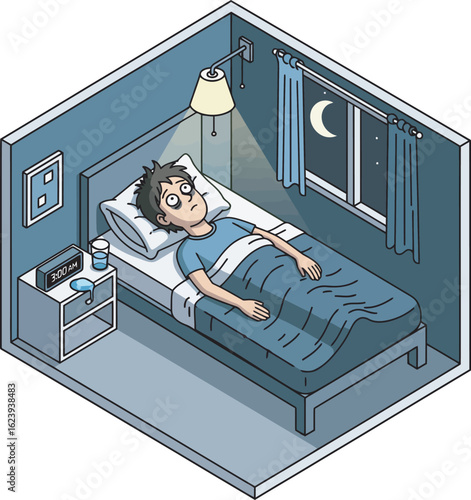 A man lies awake in bed at night, staring at the ceiling, unable to sleep.