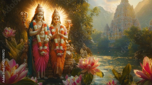A majestic image of Vishnu and Laxmi with radiant auras in a lush setting during festive season