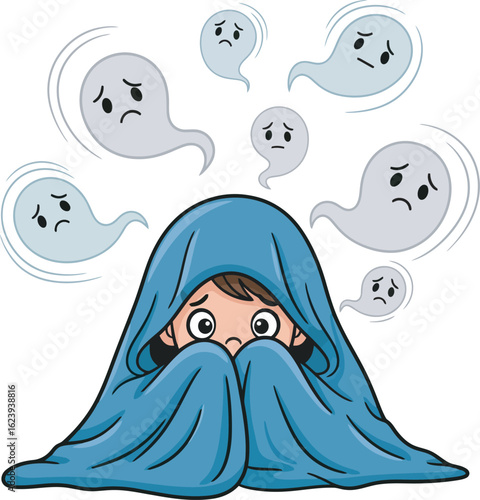 Scared child hiding under a blue blanket surrounded by floating, sad-faced ghosts.