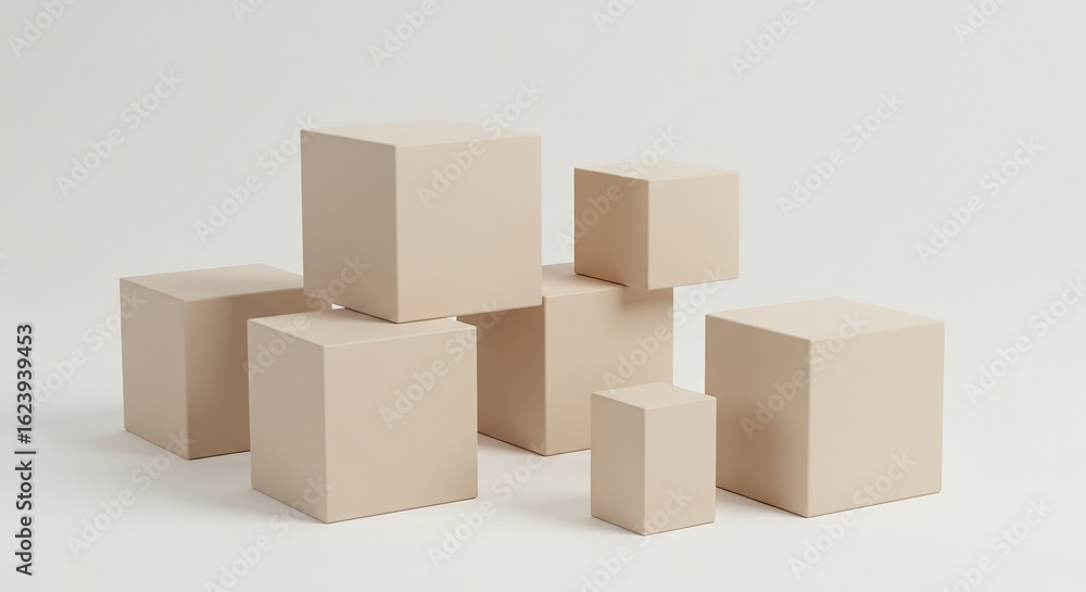 Obraz premium Arrangement of neutral-toned cubic forms on a plain background.
