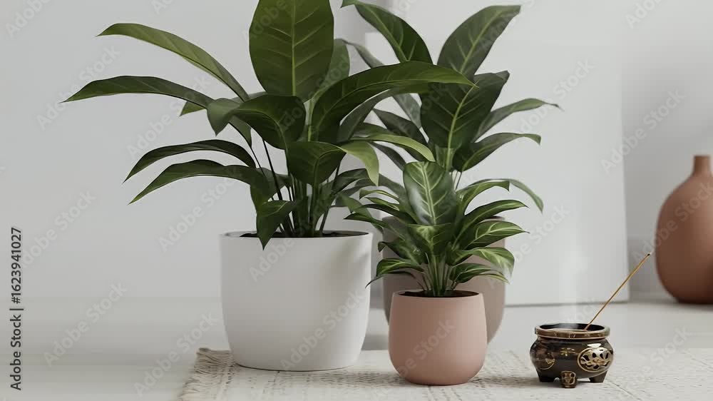 Calming green plants and decorative vases create a serene indoor oasis, perfect for wellness and modern living. Calming green plants and decorative vases create a serene indoor oasis, perfect for wellness and modern living.
