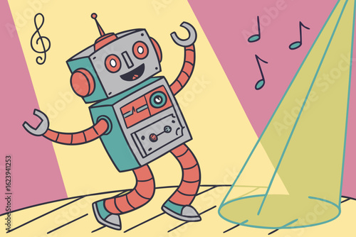 Cartoon robot dancing under a spotlight with music notes on a pink and yellow background illustration