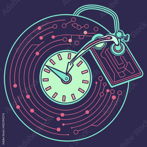 Clock face inside a vinyl record with circuit board details and a stylus arm design element