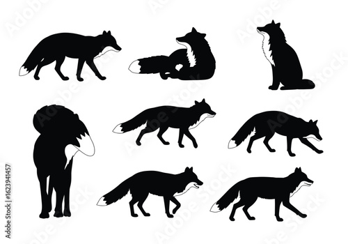 Collection of Eight Black Fox Silhouettes in Various Poses.