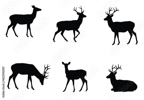 Six Black Silhouettes of Deer in Various Poses Including Bucks with Antlers and Does.