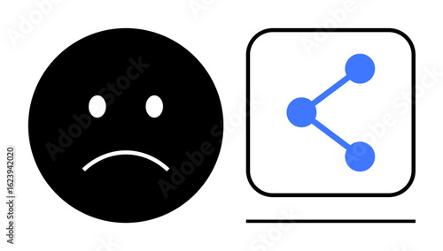 Black sad face next to a sharing icon with connected dots and lines, symbolizing disconnected emotions and sharing issues. Ideal for feelings, communication, social media, technology, psychology