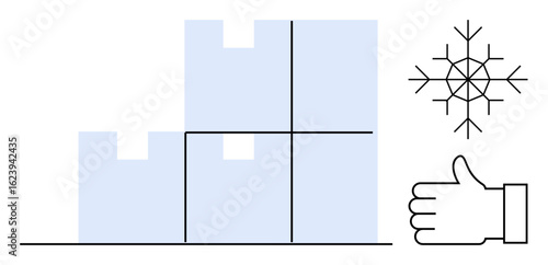 Stacked storage boxes beside snowflake highlighting cold storage and freezing needs. Thumb gesture represents approval. Ideal for logistics, frozen goods, storage solutions, temperature control