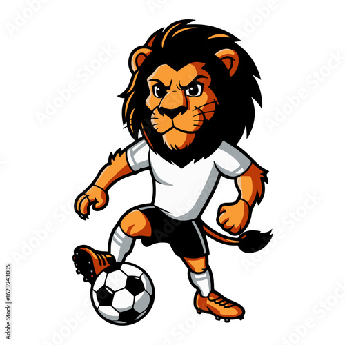 Cartoon lion character in sports uniform dribbling a soccer ball, isolated on white.