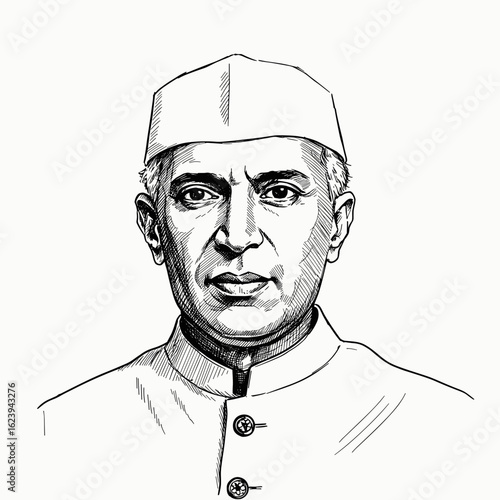 Jawaharlal Nehru – first Prime Minister of independent India, vintage ink sketch, hand‑drawn black and white doodle vector illustration, engraving style