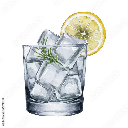 Watercolor illustration of gin and tonic cocktail, refreshing summer drink with lime slice
