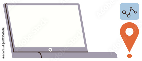 Open laptop with blank screen, geolocation pin, and analytics chart. Ideal for data analysis, tracking, navigation, digital marketing, online tools, business optimization tech visualization simple