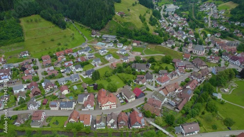 Aerial view around the city Neunkirchen in Baden-Württemberg in Germany. On sunny day in spring