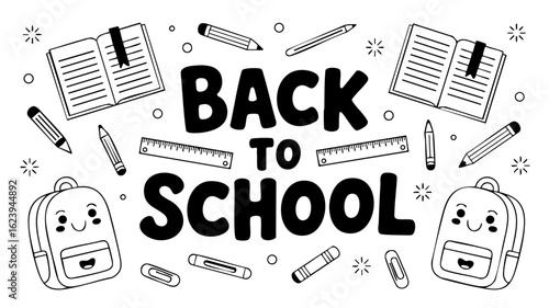 Back to school with books, pencils, rulers, and backpacks isolated on white background