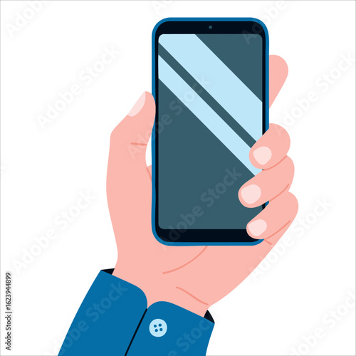 Flat vector illustration of smartphone in hand held by businessman showing smart cellphone digital display ideal for mobile app templates and tech related visuals