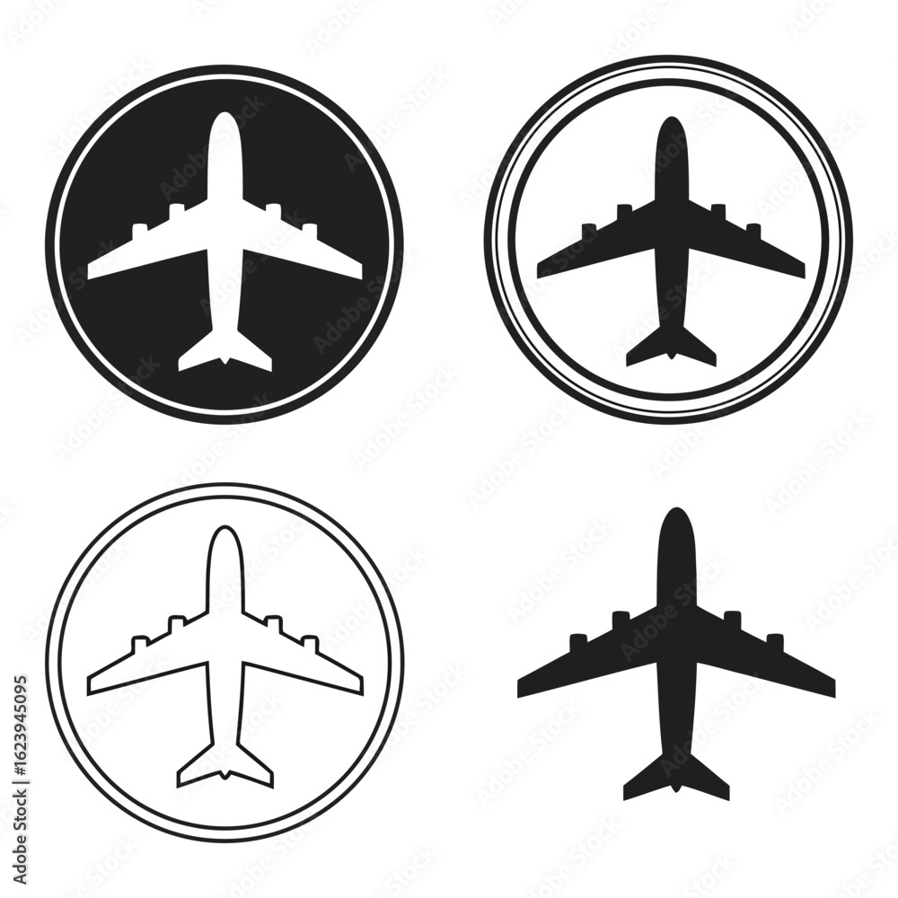Fototapeta premium Art of collection of four airplane icons, showcasing different styles and representations of air travel, including silhouette and outline designs within circular frames