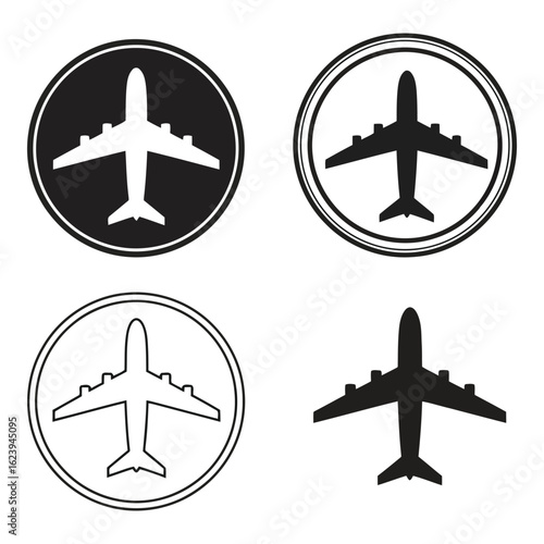 Art of collection of four airplane icons, showcasing different styles and representations of air travel, including silhouette and outline designs within circular frames