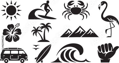 Tropical beach icons isolated on white background, featuring surfing, wildlife, and island vibes