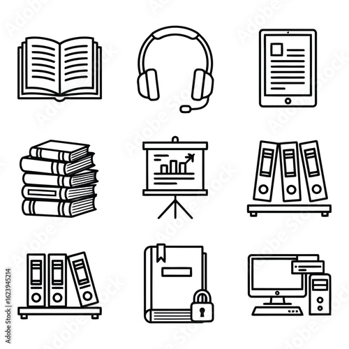 Art of collection of educational and business icons including books, headphones, computer, and presentation board, isolated on white background