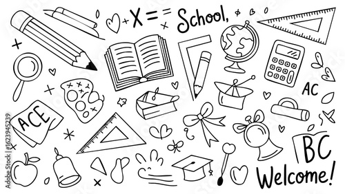 School supplies doodle isolated on white background, featuring education and learning elements