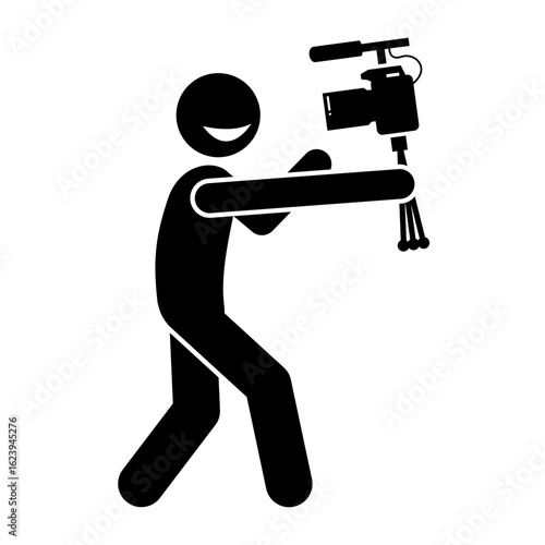 Stick figure vlogger holding a camera and microphone on a mini tripod. Icon for content creator, filmmaker, or influencer. Simple vector.